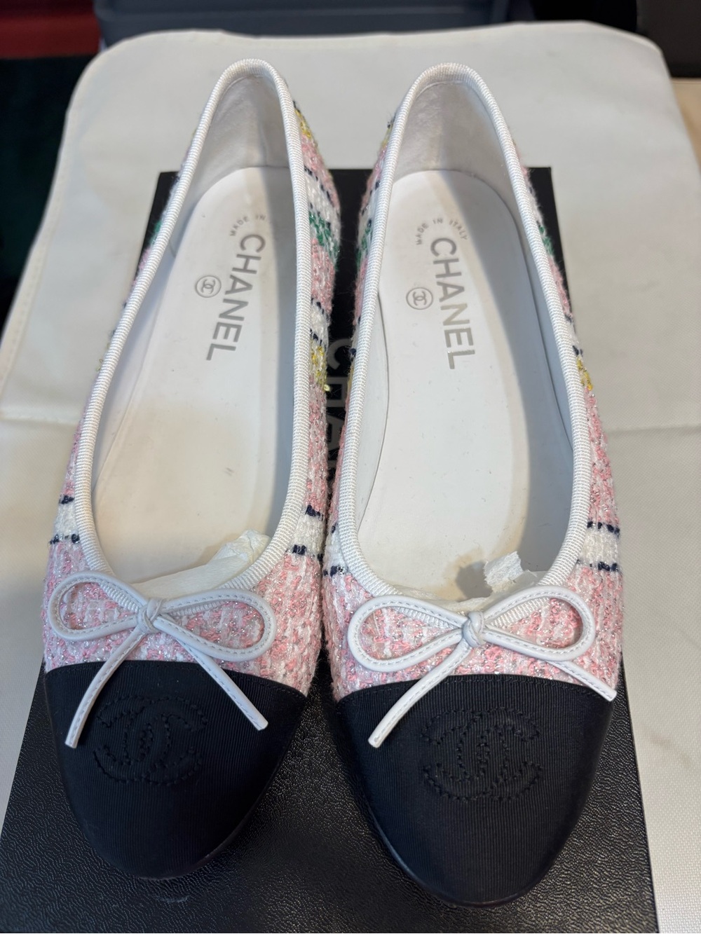 CHANEL Pink Tweed and Black Cap-Toe Ballet Flats